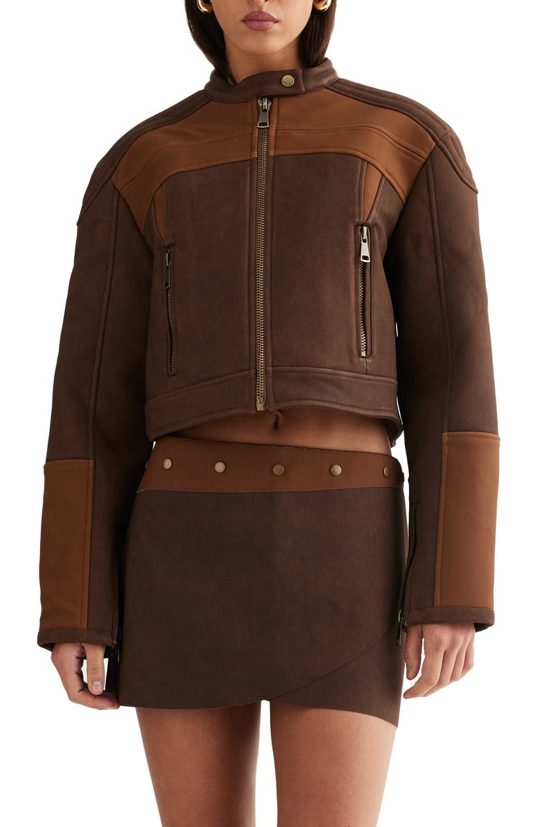 LIONESS Nueve Colorblock Faux Leather Biker Jacket, Main, color, Chocolate