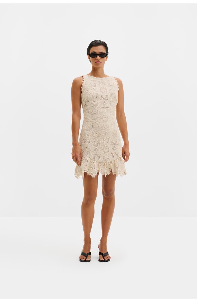 Malina Miranda Ruffled Guipure Lace Mini Dress, Main, color, Sand