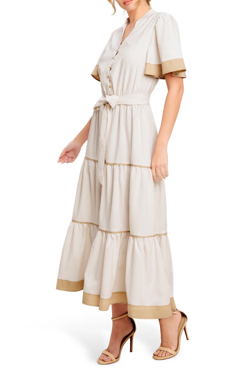 FLYING TOMATO Stripe Short Sleeve Midi Shirtdress, Alternate, color, Taupe White Stripe