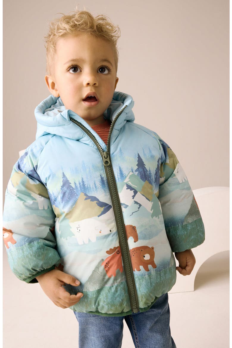 Kids' Mountain Scene Hooded Puffer Coat, Alternate, color, GREEN