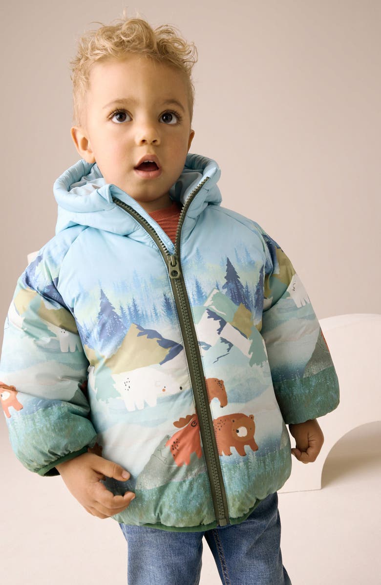 NEXT Kids' Mountain Scene Hooded Puffer Coat, Alternate, color, Green
