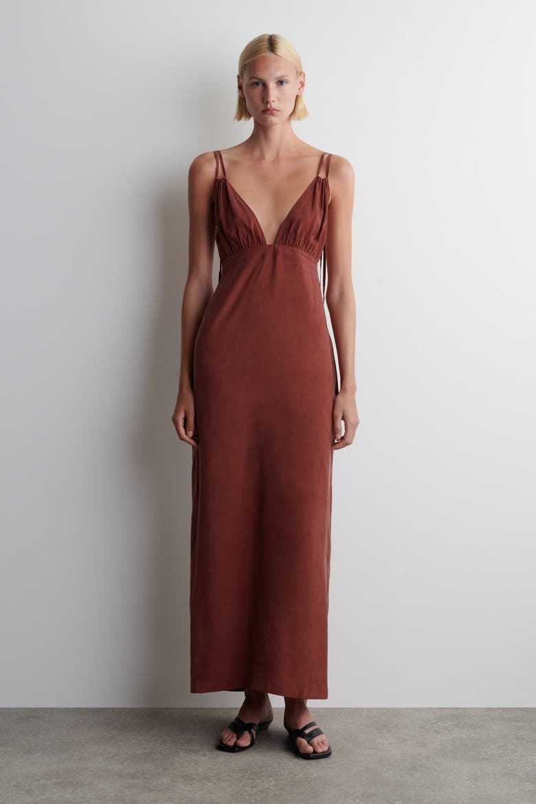 Gathered V-Neck Maxi Dress, Main, color, DARK RED