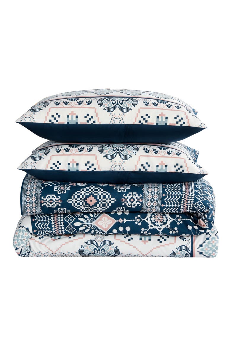 Boho Print Duvet & Sham Set, Main, color, NAVY/ IVORY/ GREEN