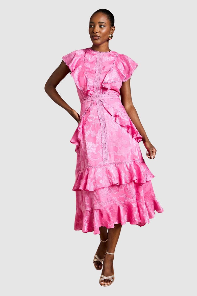 Satin Ruffle Jacquard Midi Dress, Main, color, Pink