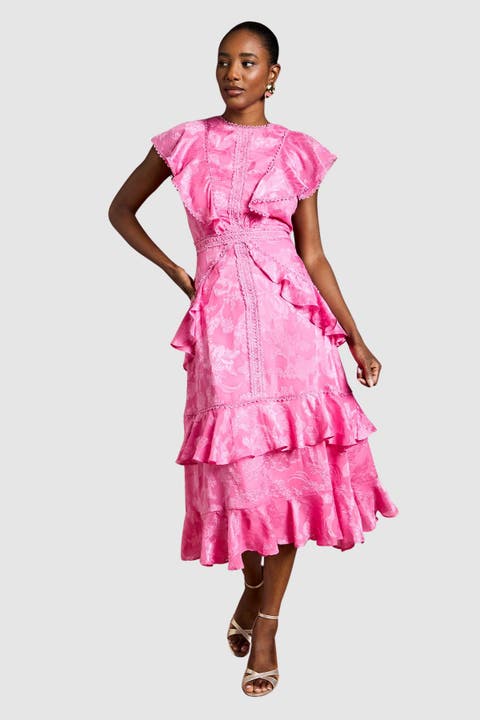 Satin Ruffle Jacquard Midi Dress