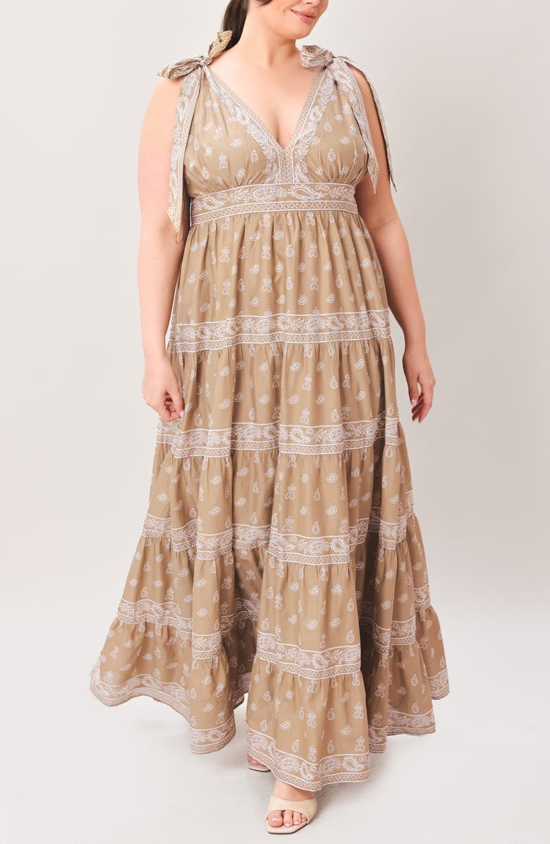 FLYING TOMATO Paisley Tie Strap Tiered Maxi Dress, Alternate, color, Light Olive