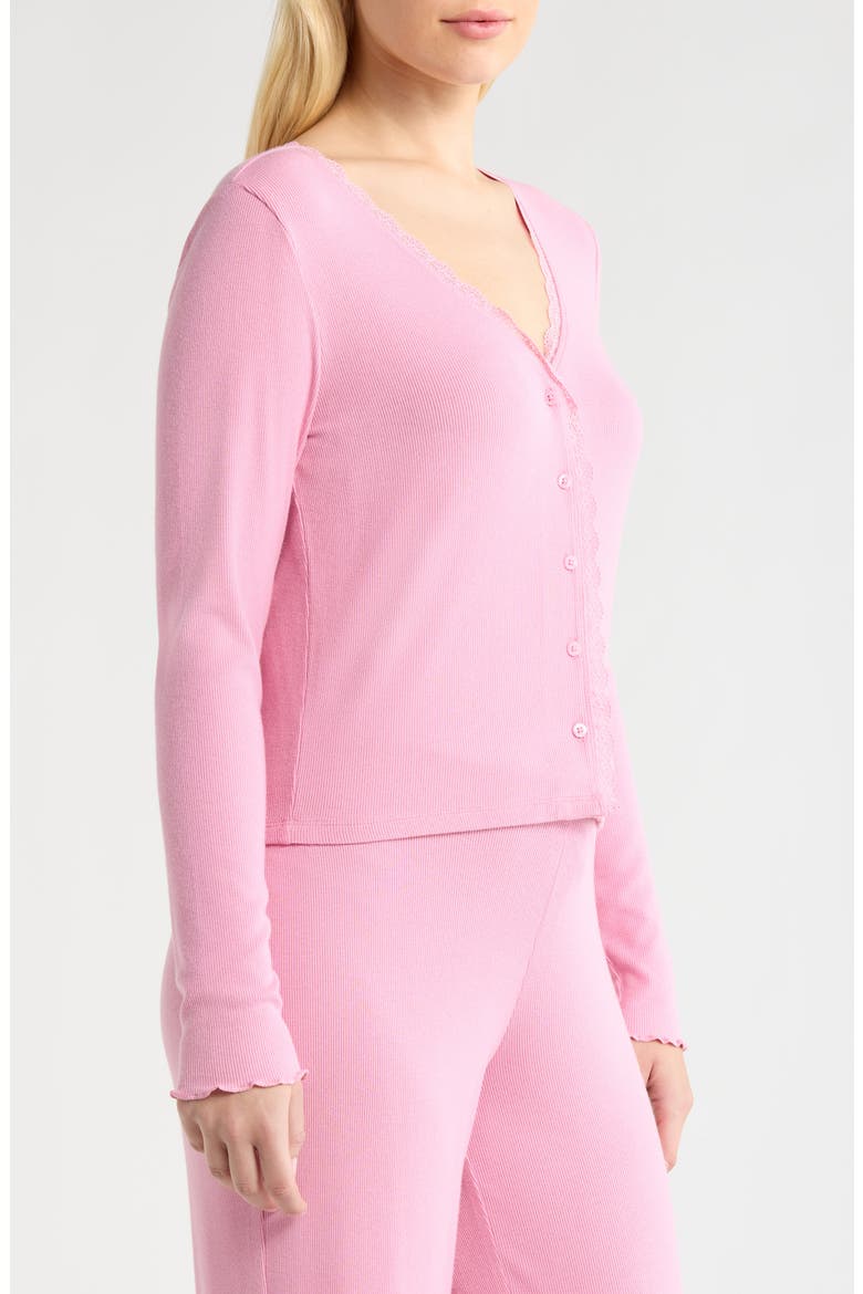 Daydream Lace Trim Rib Button-Up Lounge Top, Alternate, color, PINK STORM