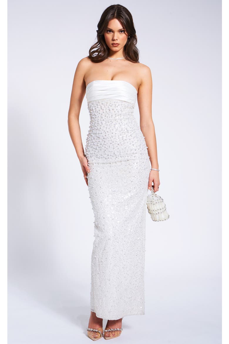 Lainey Sequin Pearl Beaded Strapless Satin Maxi Dress, Main, color, White