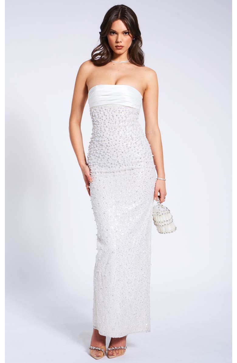 Miss Circle Lainey Sequin Pearl Beaded Strapless Satin Maxi Dress, Main, color, White