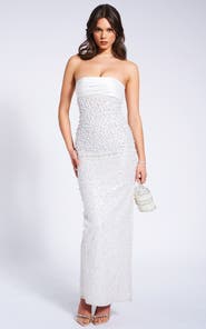 Miss Circle Lainey Sequin Pearl Beaded Strapless Satin Maxi Dress