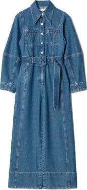 & Other Stories Long Sleeve Belted Wide Leg Denim Jumpsuit