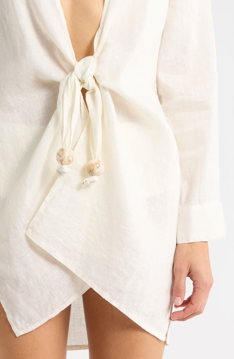 Elan Tie Front Long Sleeve Linen Cover-Up, Alternate, color, White
