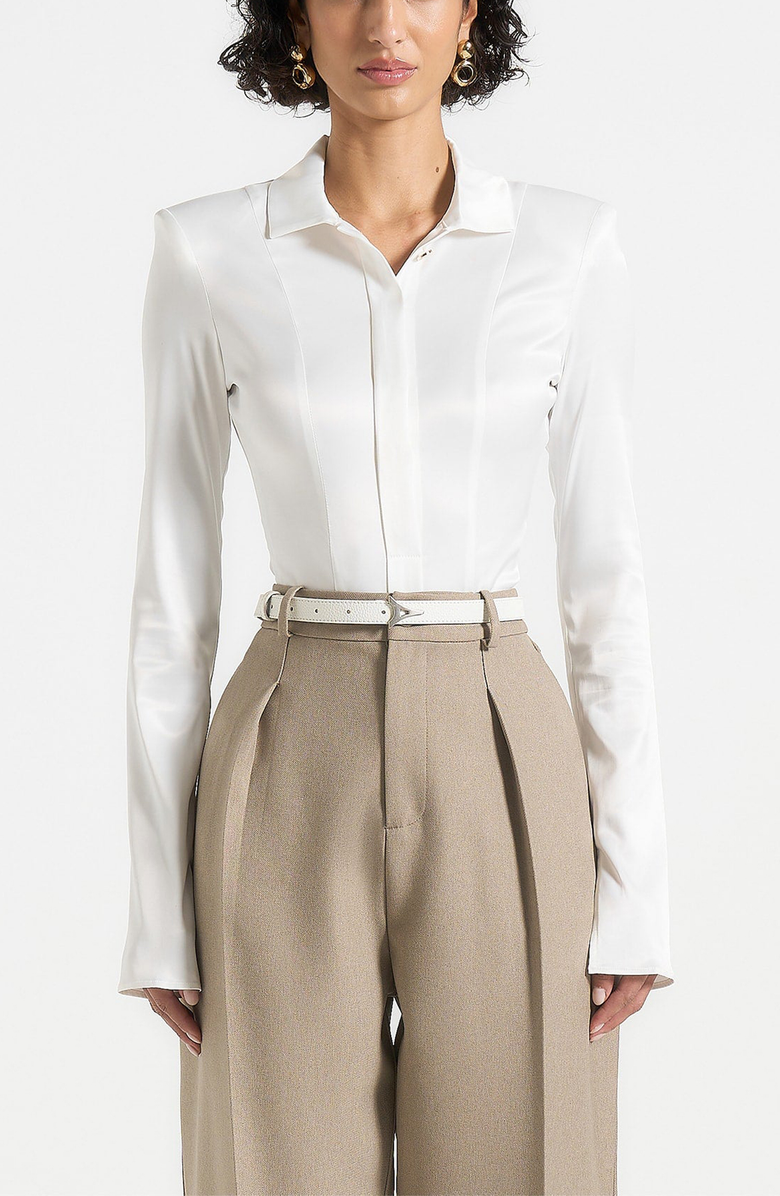 Manière De Voir Louise Wide Shoulder Satin Shirt Bodysuit, Alternate, color, Off White