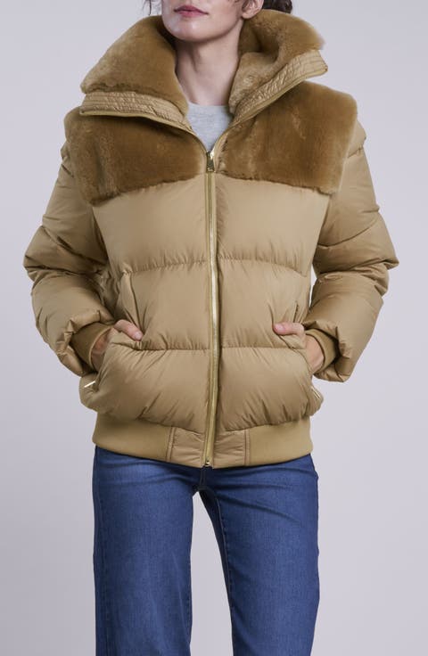 Water Resistant 700 Fill Power Down Jacket with Genuine Shearling Trim