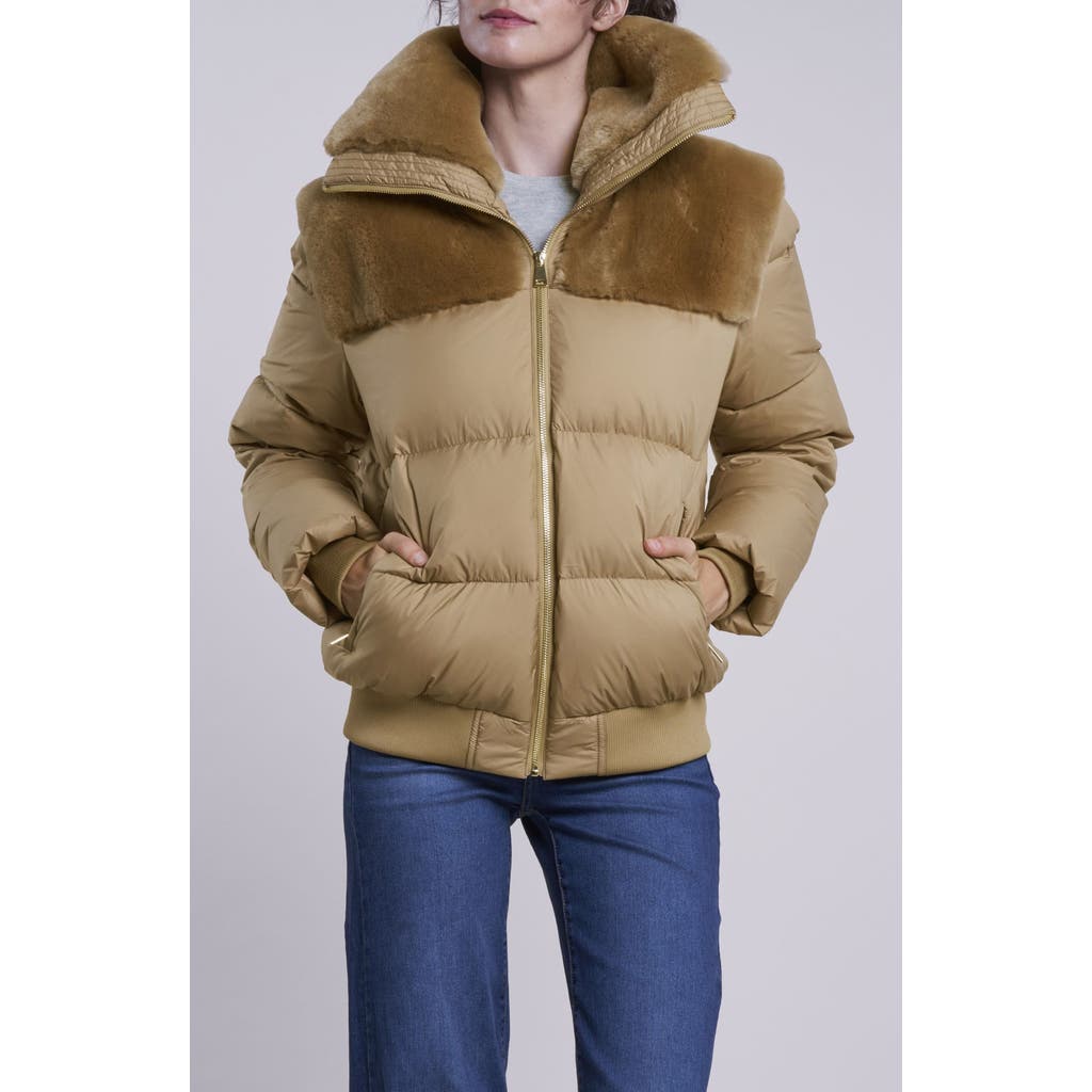 Blue Duck Water Resistant 700 Fill Power Down Jacket With Genuine Shearling Trim In Brown