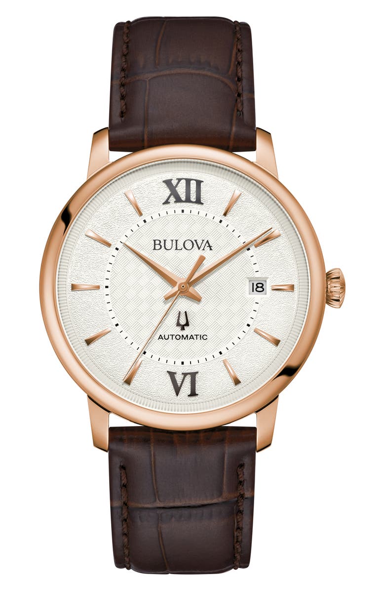 BULOVA Hudson Leather Strap Watch, 39mm, Main, color, Rose Gold-Tone