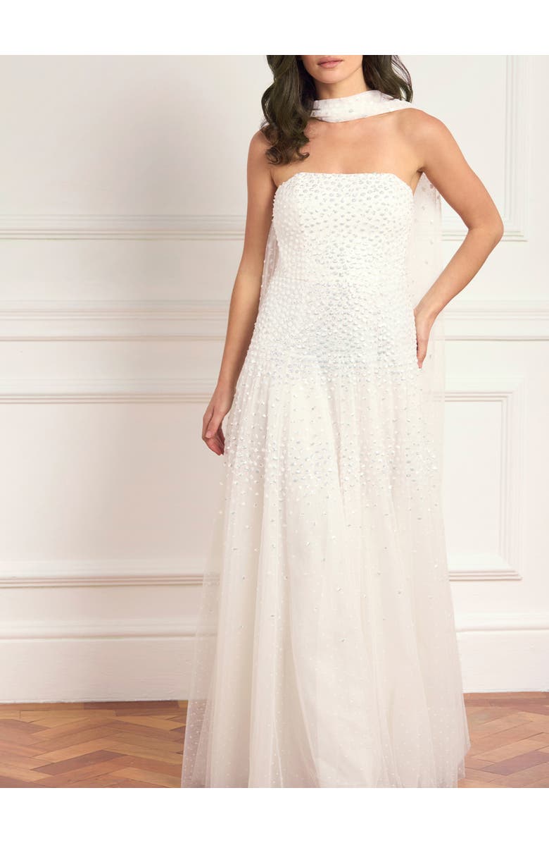 Needle & Thread Sunrise Sequin Strapless Cape Gown, Alternate, color, Swan White