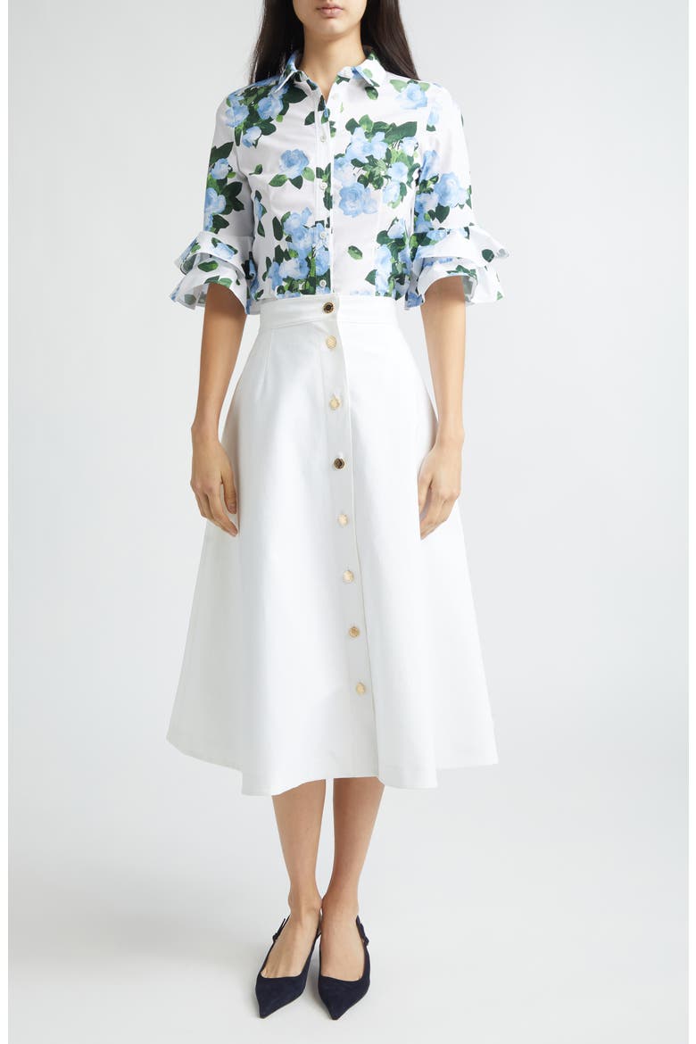 Rose Print Tiered Ruffle Cuff Button-Up Shirt, Alternate, color, WHITE MULTI
