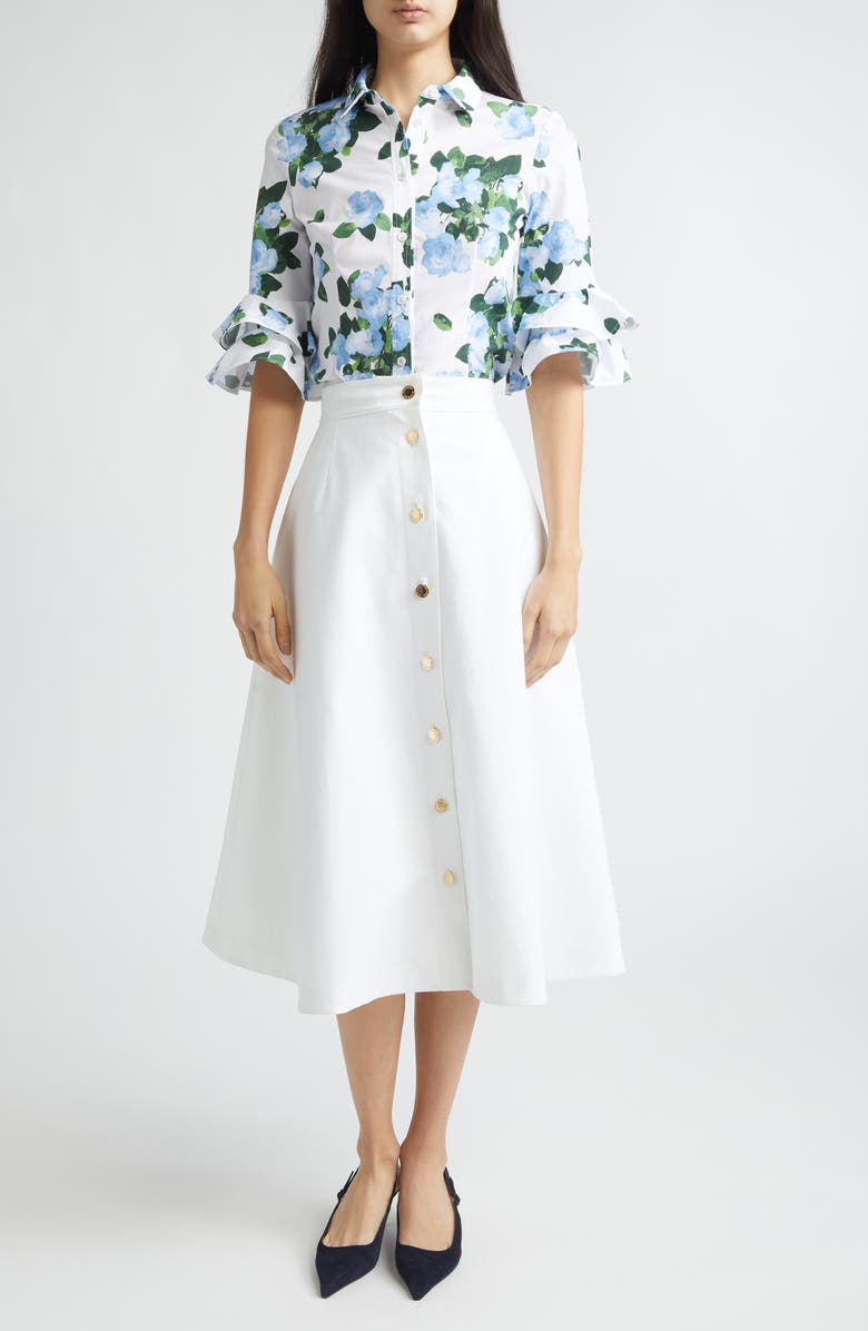 Carolina Herrera Rose Print Tiered Ruffle Cuff Button-Up Shirt, Alternate, color, White Multi