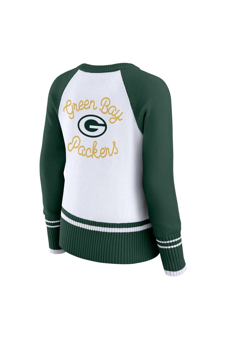 Women's WEAR by Erin Andrews White/Green Green Bay Packers Colorblock Raglan Sweater, Alternate, color, White