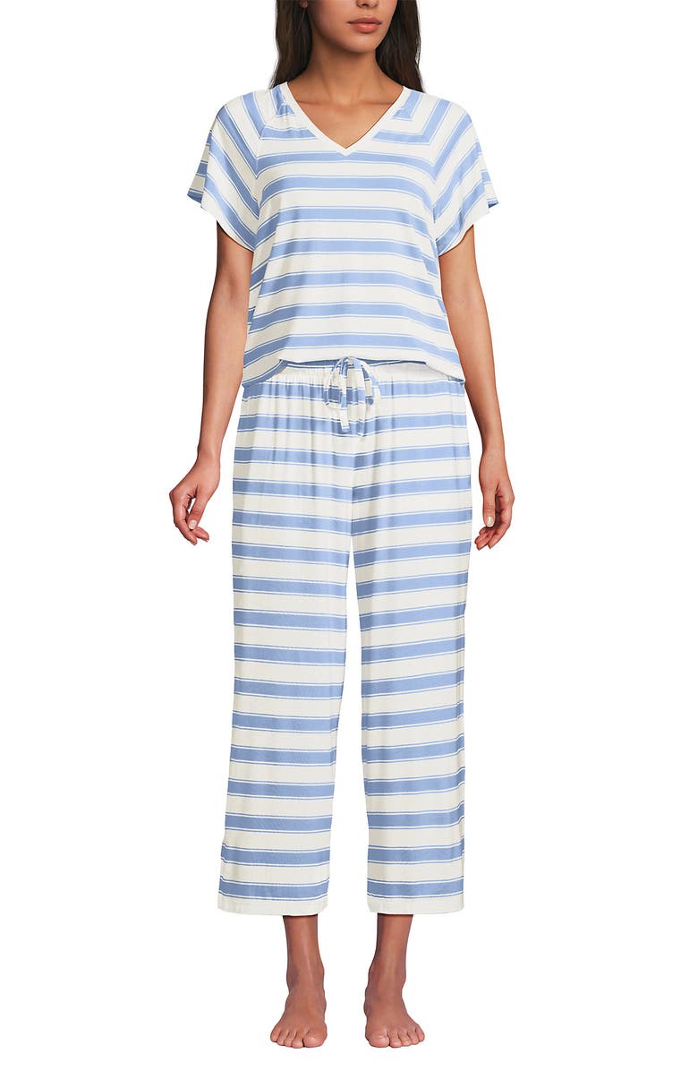 Lands' End Cooling Pajama Set - Short Sleeve Top and Crop Pants, Main, color, Misty Blue Stripe