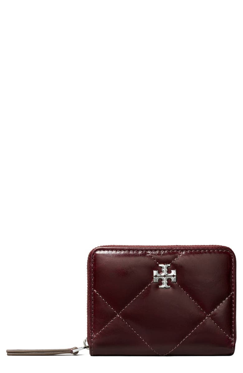 Tory Burch Small Kira Distressed Diamond Quilted Leather Zip Wallet, Main, color, Dark Carmine