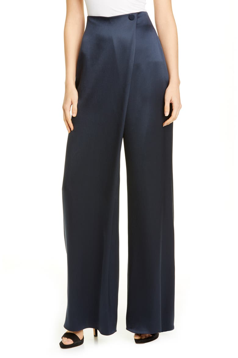 High Waist Wide Leg Silk Pants, Main, color, NAVY