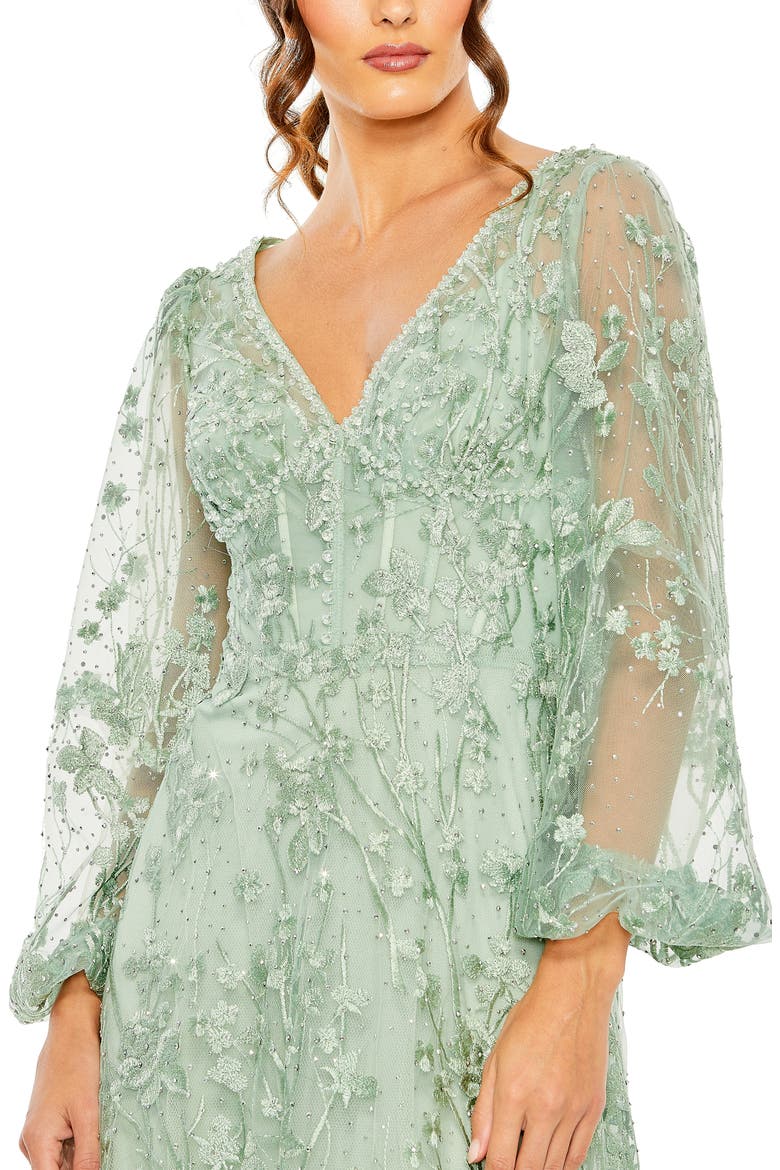 V Neck Puff Sleeve A Line Embroidered Gown, Alternate, color, SAGE