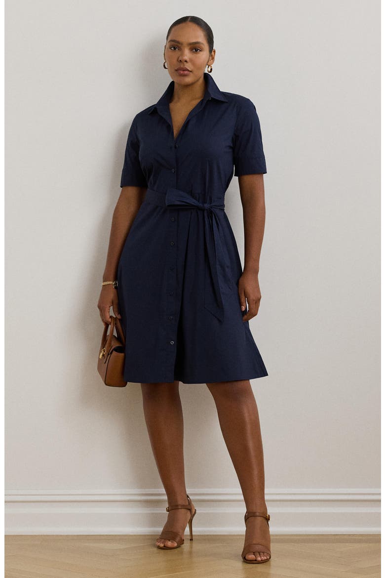 Belted Fit & Flare Cotton Blend Shirtdress, Alternate, color, LAUREN NAV