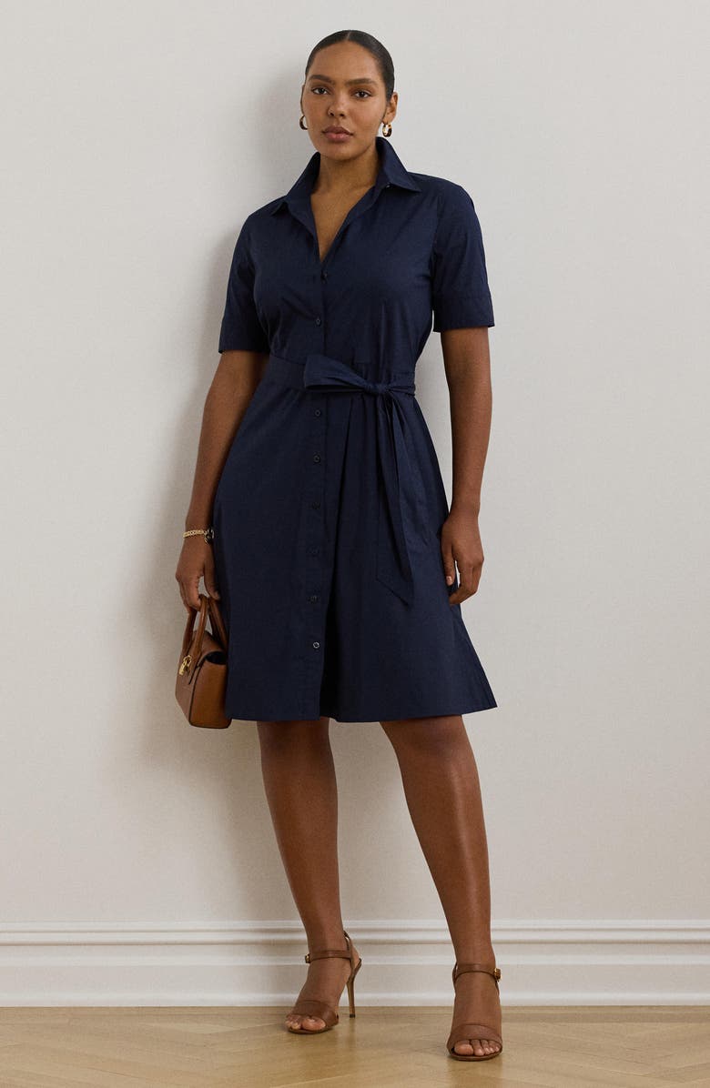 Lauren Ralph Lauren Belted Fit & Flare Cotton Blend Shirtdress, Alternate, color, Lauren Navy