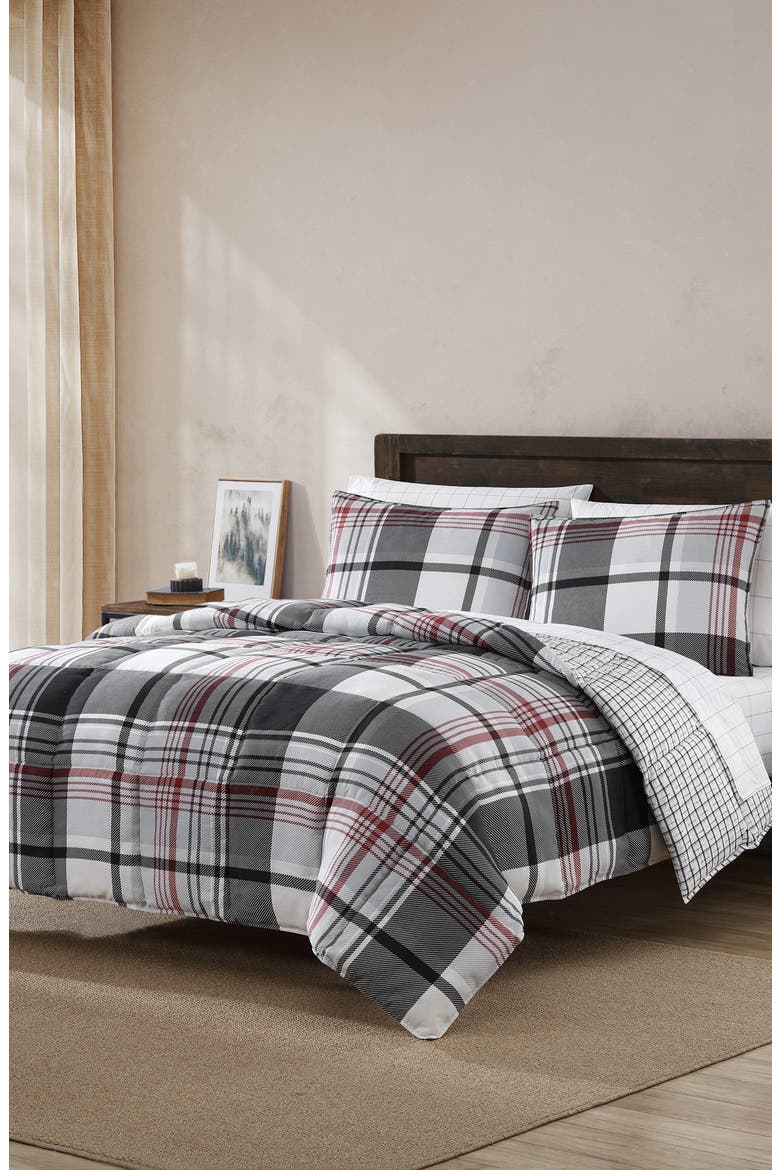 Normandy Plaid Comforter & Sham Set, Main, color, BLACK RED