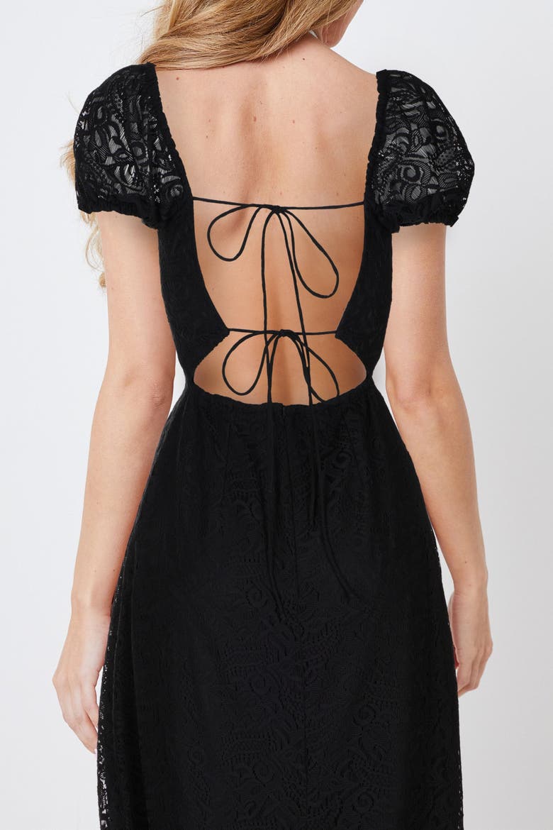 Lace Puff Sleeve Open Back Midi Dress, Alternate, color, Black
