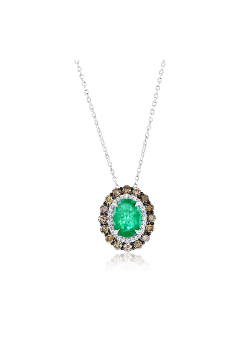 14K Gold Oval-Cut Emerald & Brown and White Diamond Double Halo Pendant Necklace, Main, color, Green
