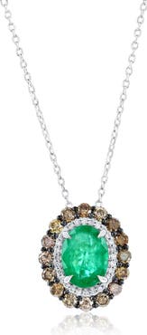 SOUZANA by Suzy Levian 14K Gold Oval-Cut Emerald & Brown and White Diamond Double Halo Pendant Necklace