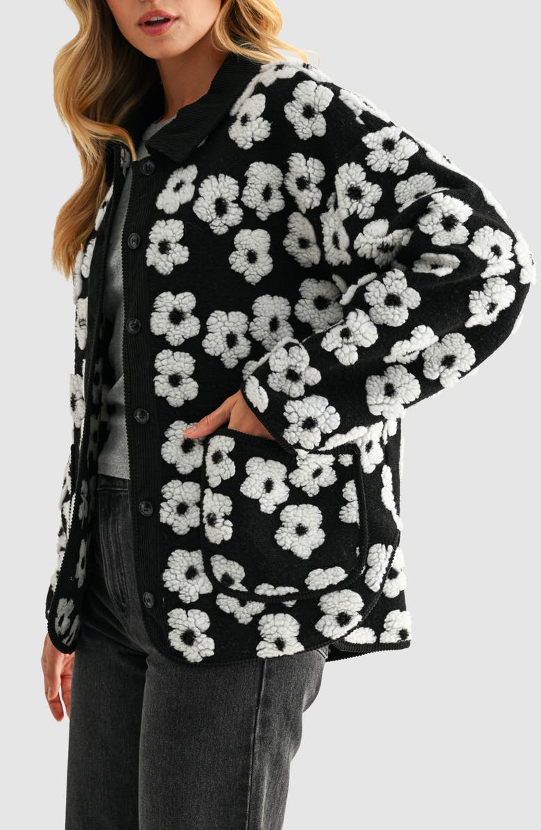 All in Favor Floral High Pile Fleece Jacket, Alternate, color, Black White