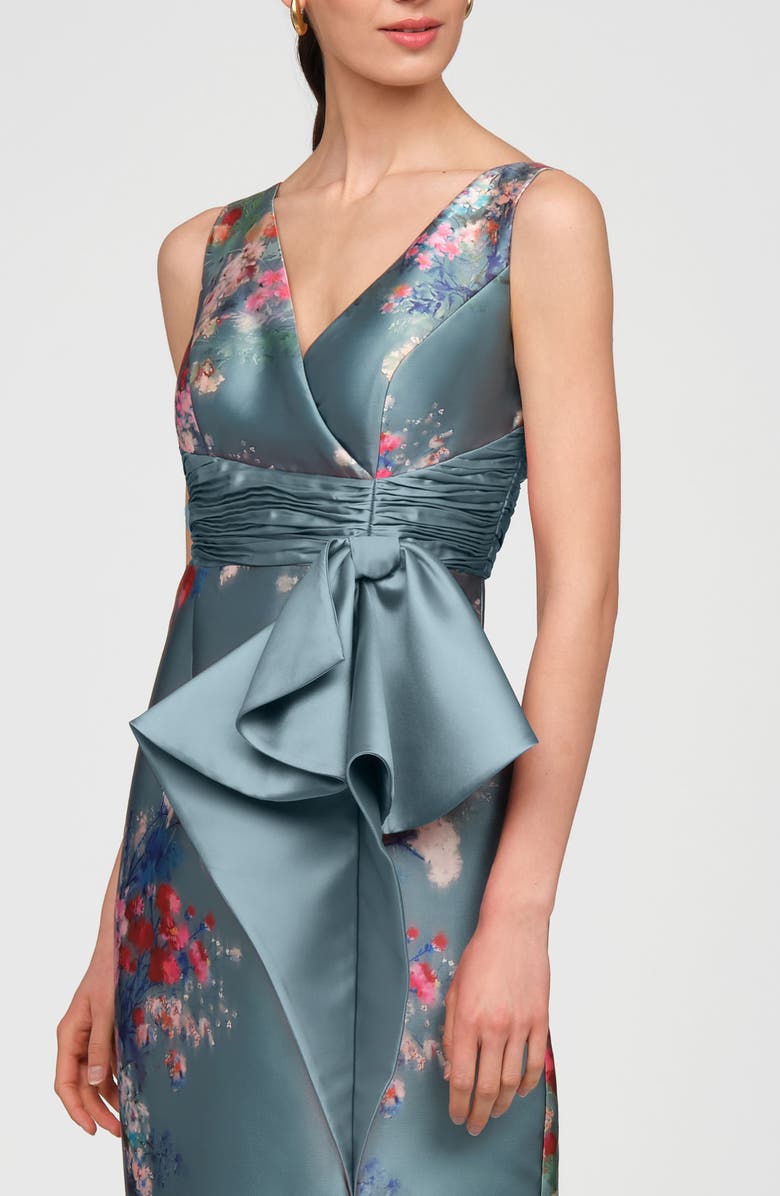 Kay Unger Kathleen Placed Floral Mikado Column Gown, Alternate, color, Cyan Multi