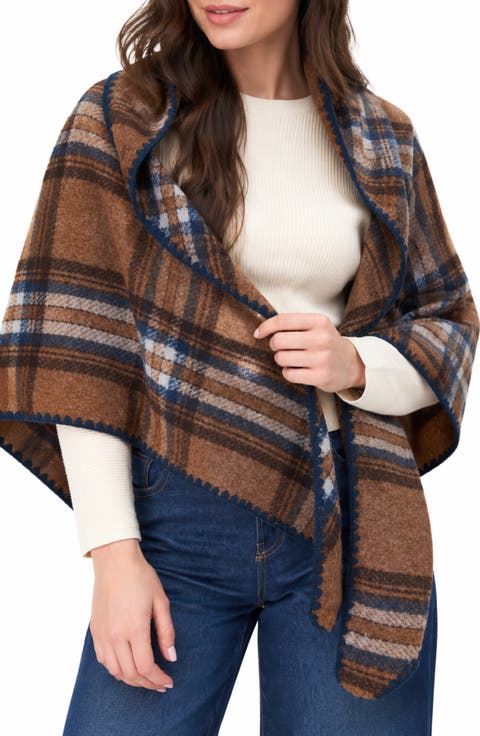 Plaid Triangle Knit Trim Shawl