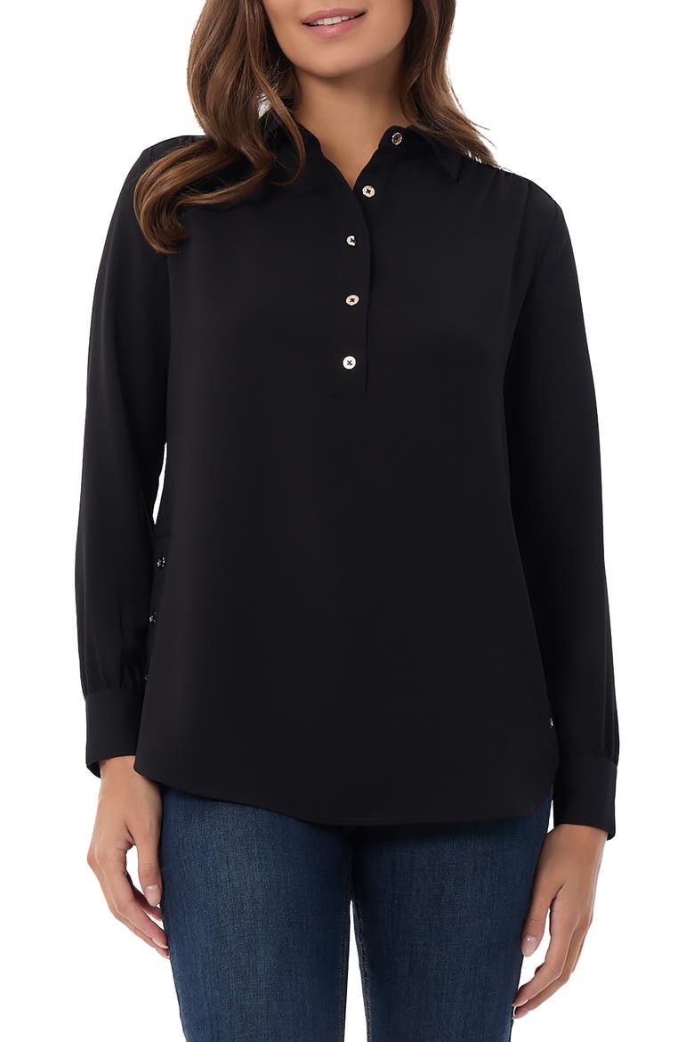 Side Button Long Sleeve Crepe Polo, Main, color, JONES BLACK