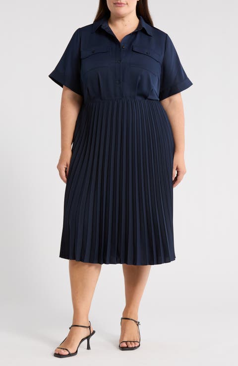 Short Sleeve Pleated Midi Dress (Plus)