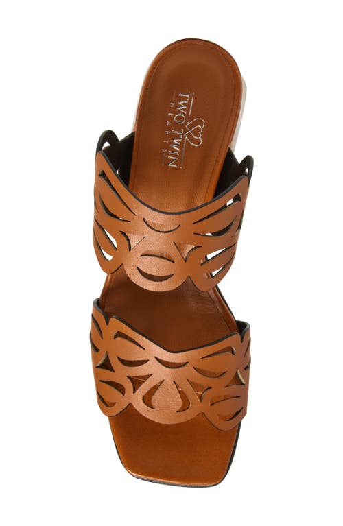 2 Twin Hearts Laser Cutout Slide Sandal In Cognac