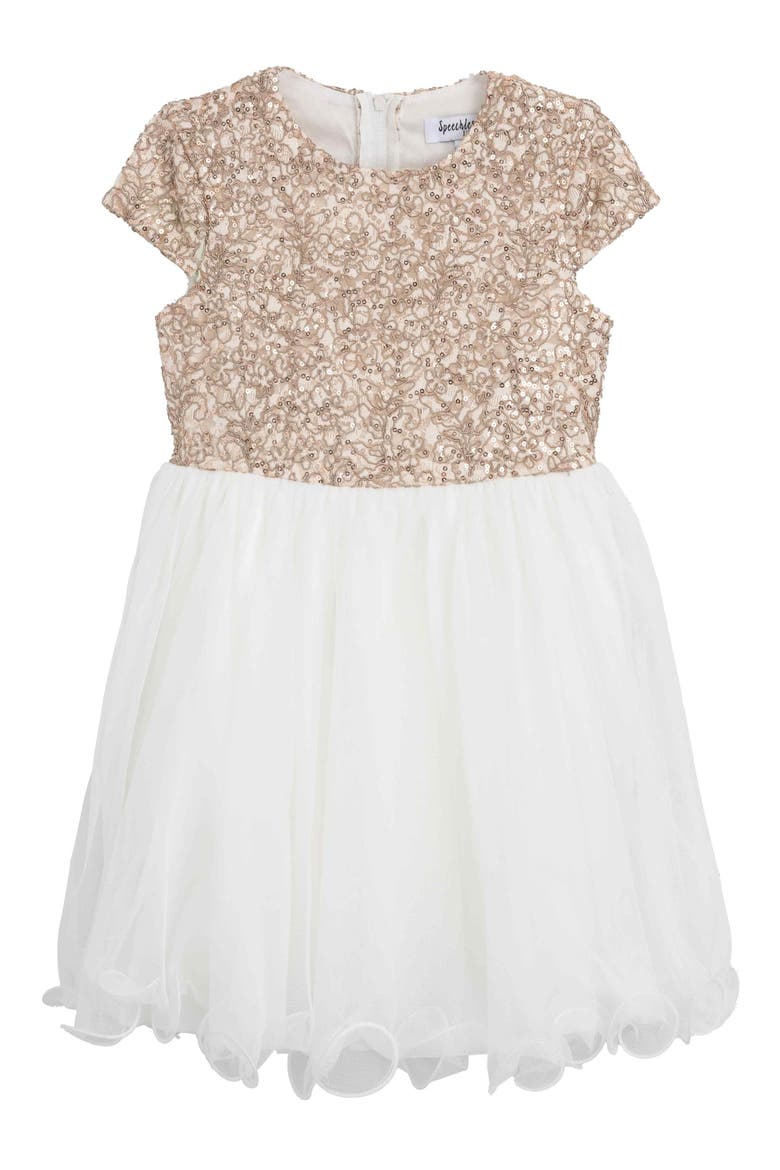 Kids' Sequin Lace & Tulle Fit & Flare Dress, Main, color, CAPPACINNO