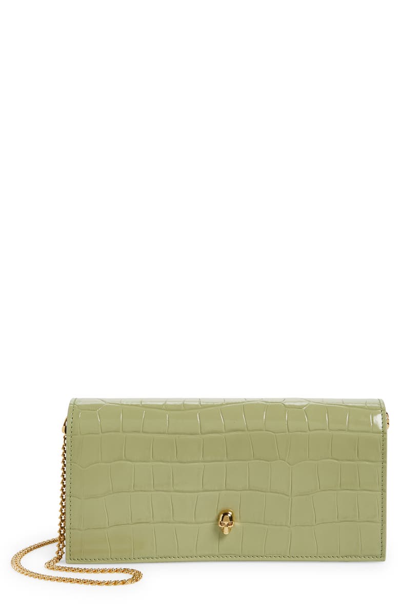 McQueen Skull Croc Embossed Leather Wallet on a Chain, Main, color, 