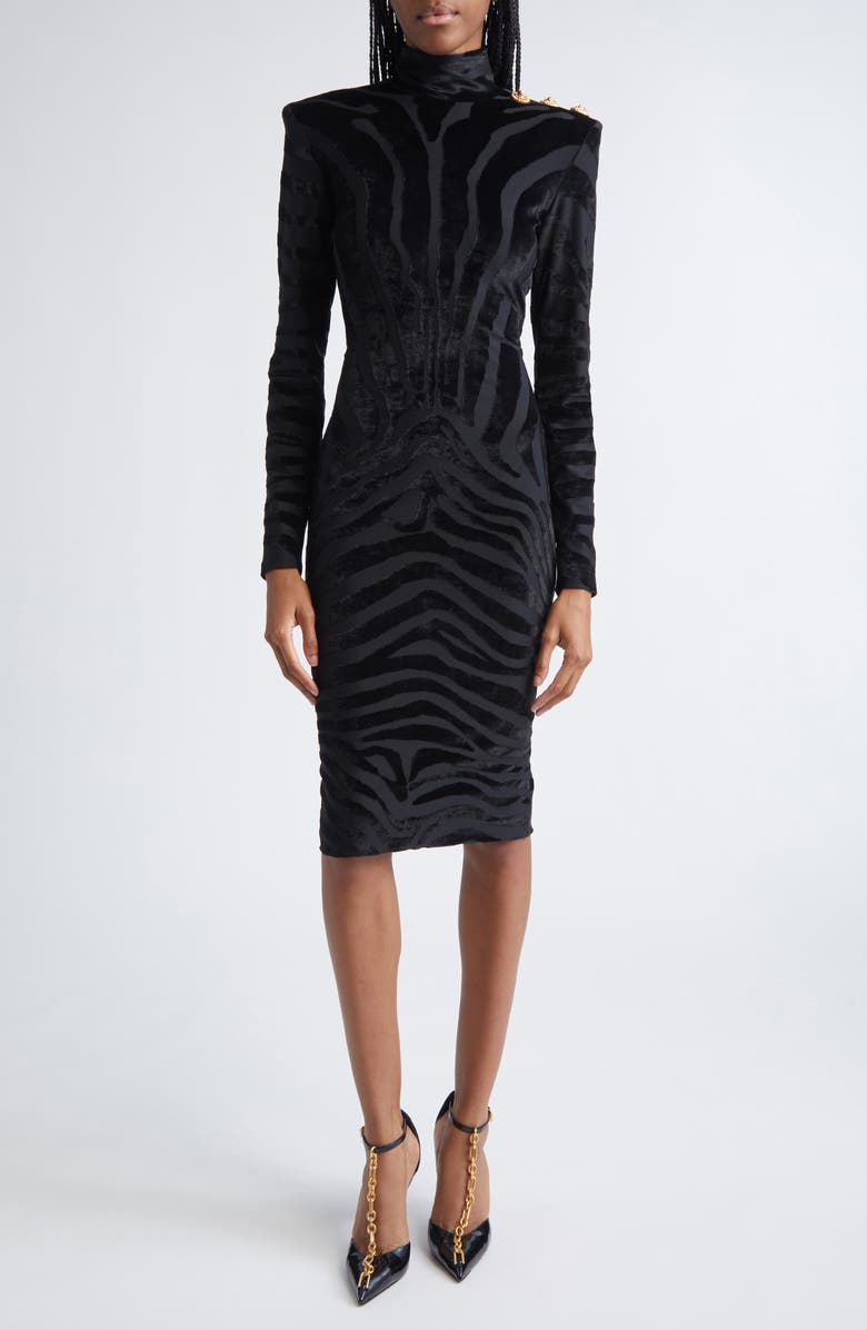 Balmain Zebra Stripe Long Sleeve Velvet Body-Con Dress, Main, color, 0Pa Black