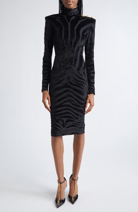 Zebra Stripe Long Sleeve Velvet Body-Con Dress