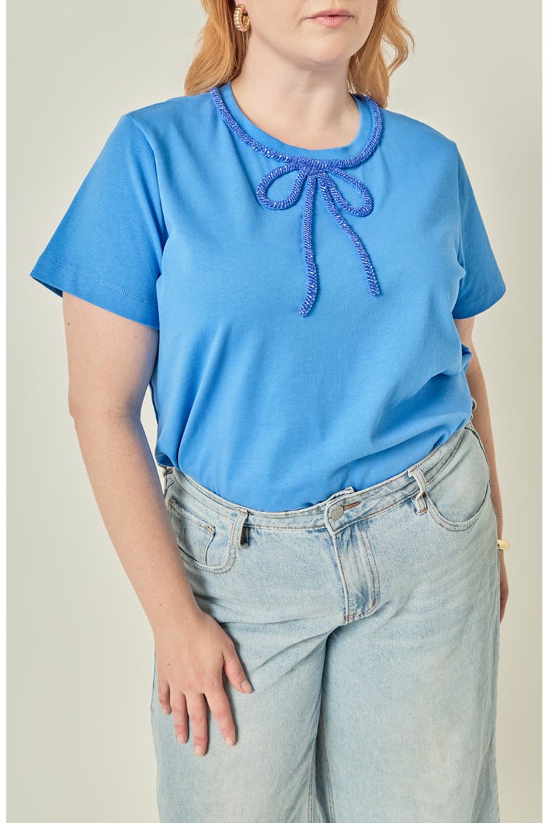 Beaded Bow Cotton T-Shirt, Main, color, BLUE