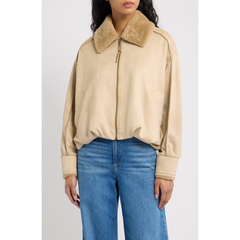 UGG(r) Coleta Faux Fur Trim Bubble Jacket in Sand at Nordstrom, Size Large