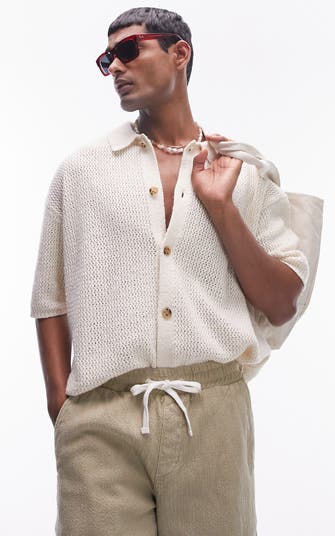Topman Textured Knit Short Sleeve Button-Up Shirt | Nordstrom