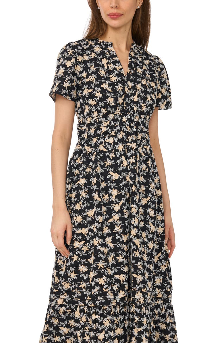 CeCe Floral Embroidered Tiered Cotton Maxi Dress, Alternate, color, Rich Black