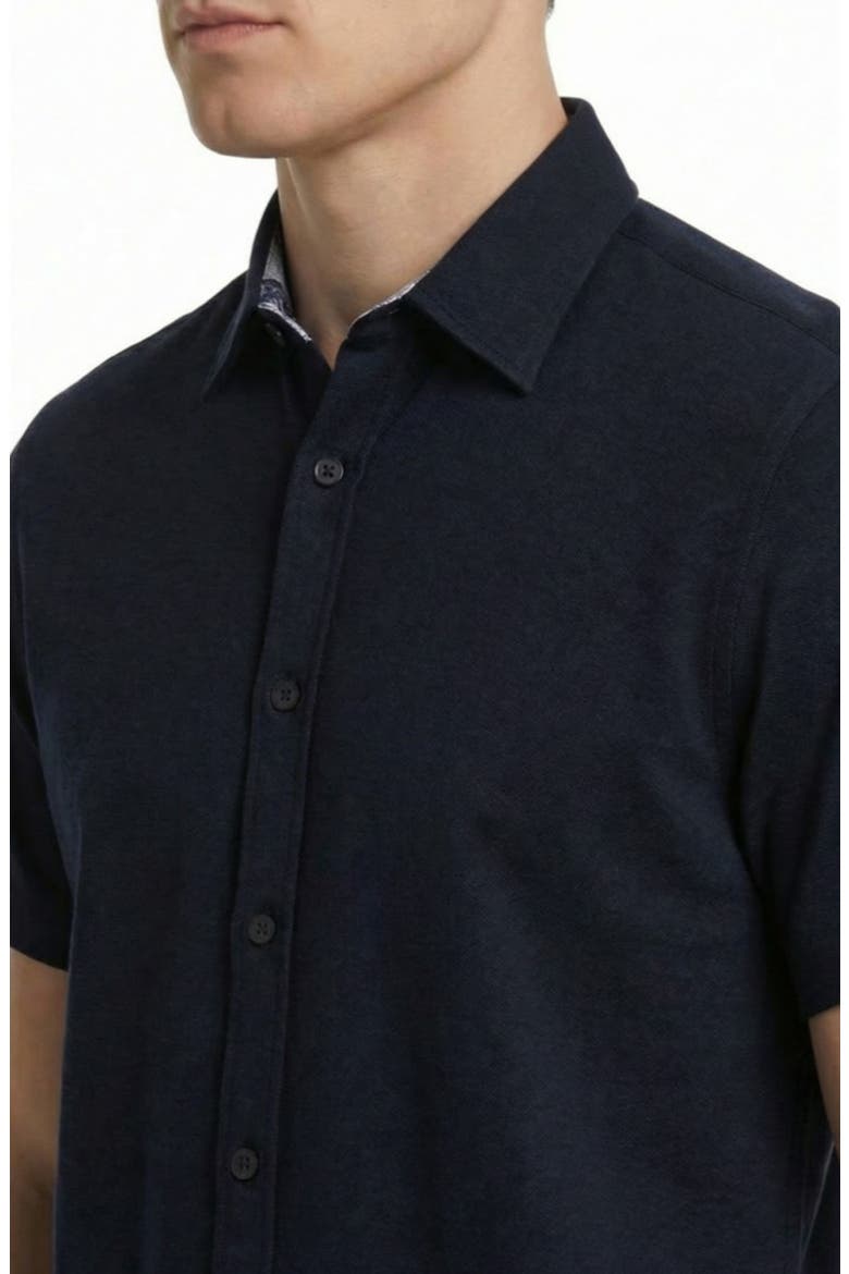 Short Sleeve Linen & Cotton Blend Button-Up Shirt, Alternate, color, NAVY