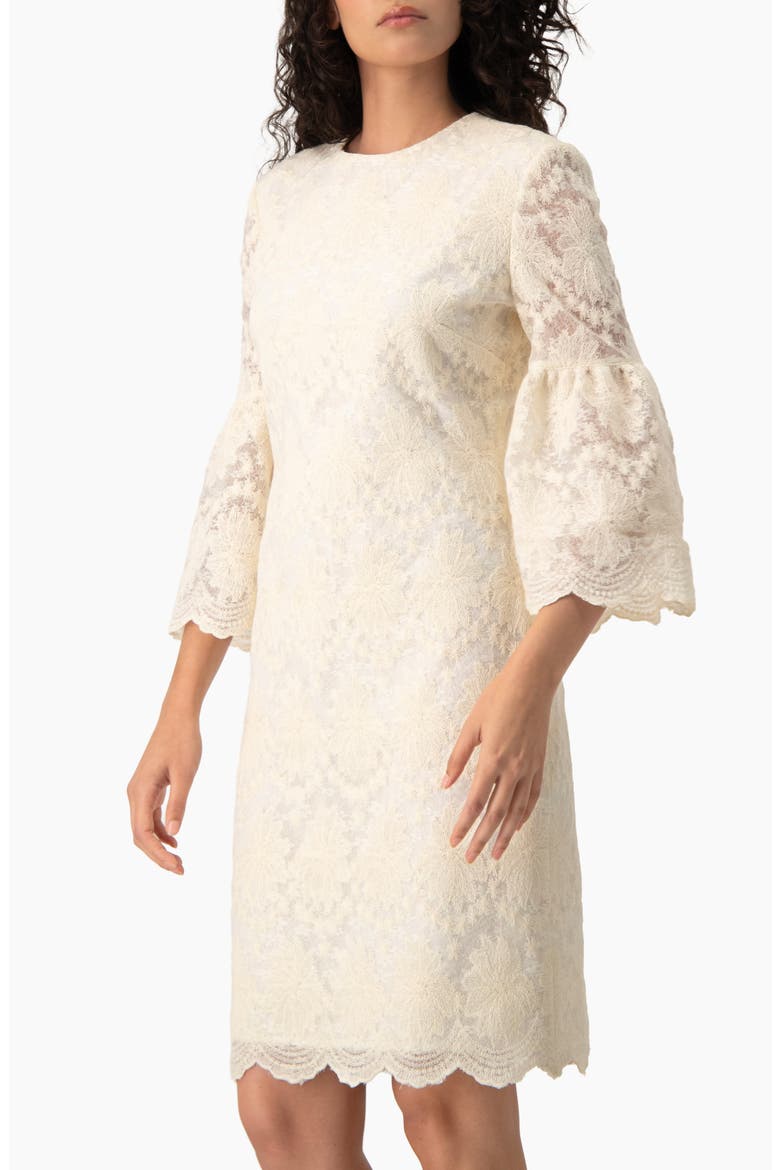 Floral Lace 3/4 Bell-Sleeve Crew-Neck Shift Mini Dress, Alternate, color, Bone